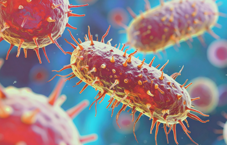 Rötlich-gelbgefärbte Mikroorganismen in unterschiedlichen Formen vor einem Hintergrund in verlaufenden Blautönen. 
