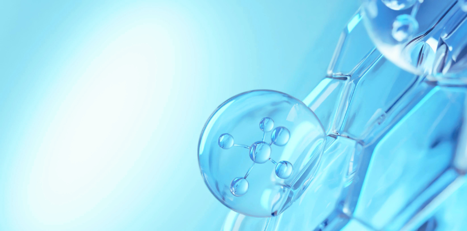 Eine ästhetische, graphische Darstellung in einem hellem, abgestuften Blau mit Wasserblasen, die in eine stilisierte Wabenstruktur eindringen.